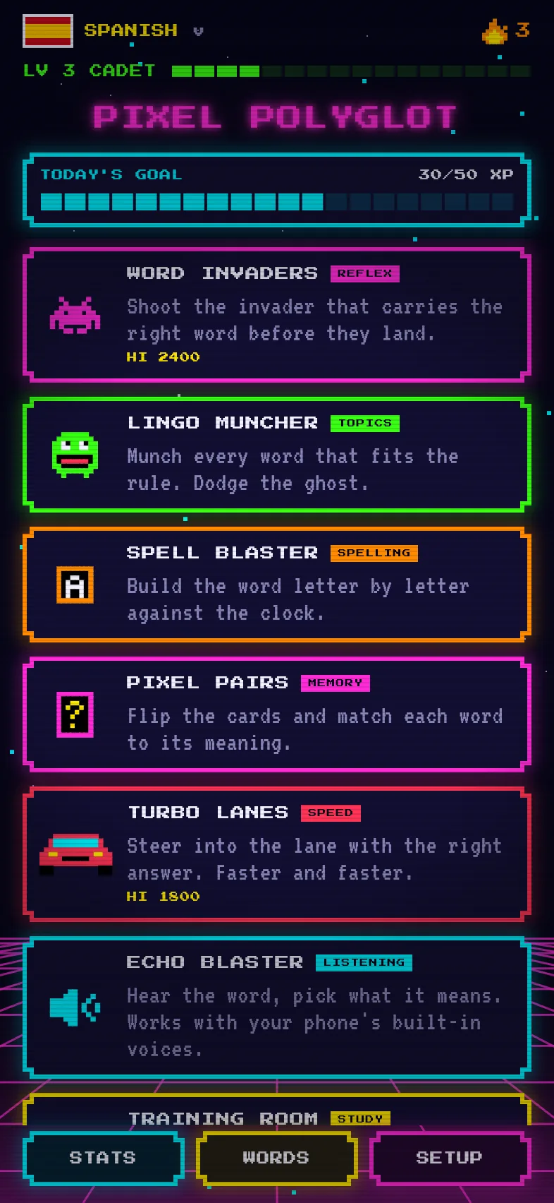 The arcade menu: seven games, your level, streak and daily goal
