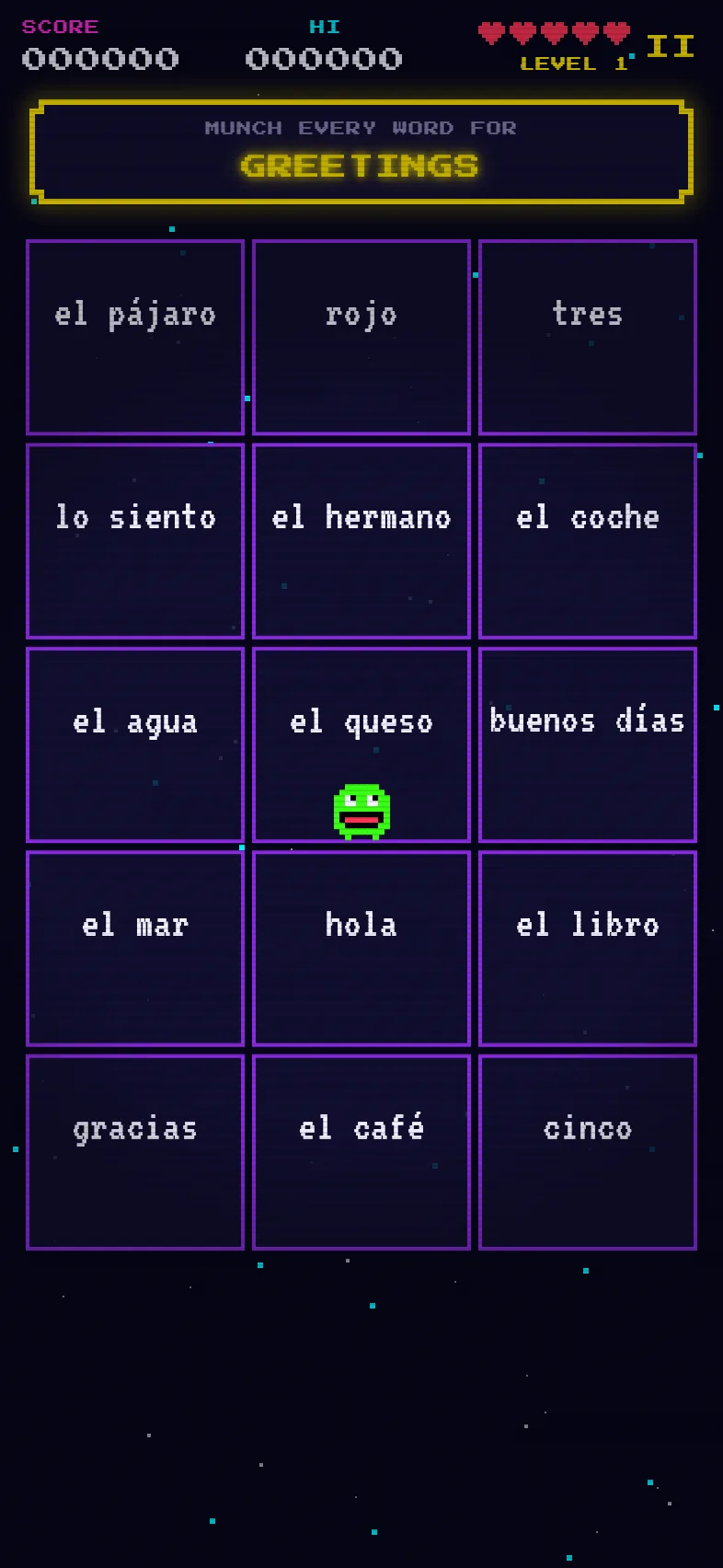 Lingo Muncher: munch every greeting on the grid